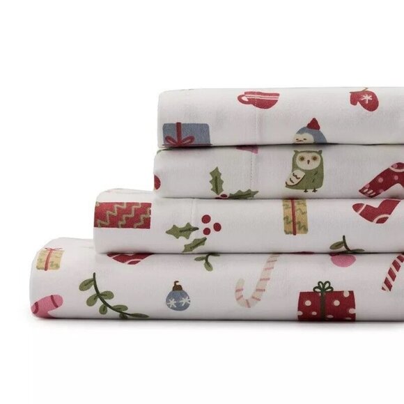Cuddl Duds Queen Size Heavyweight Flannel Sheet Set Holiday Icons